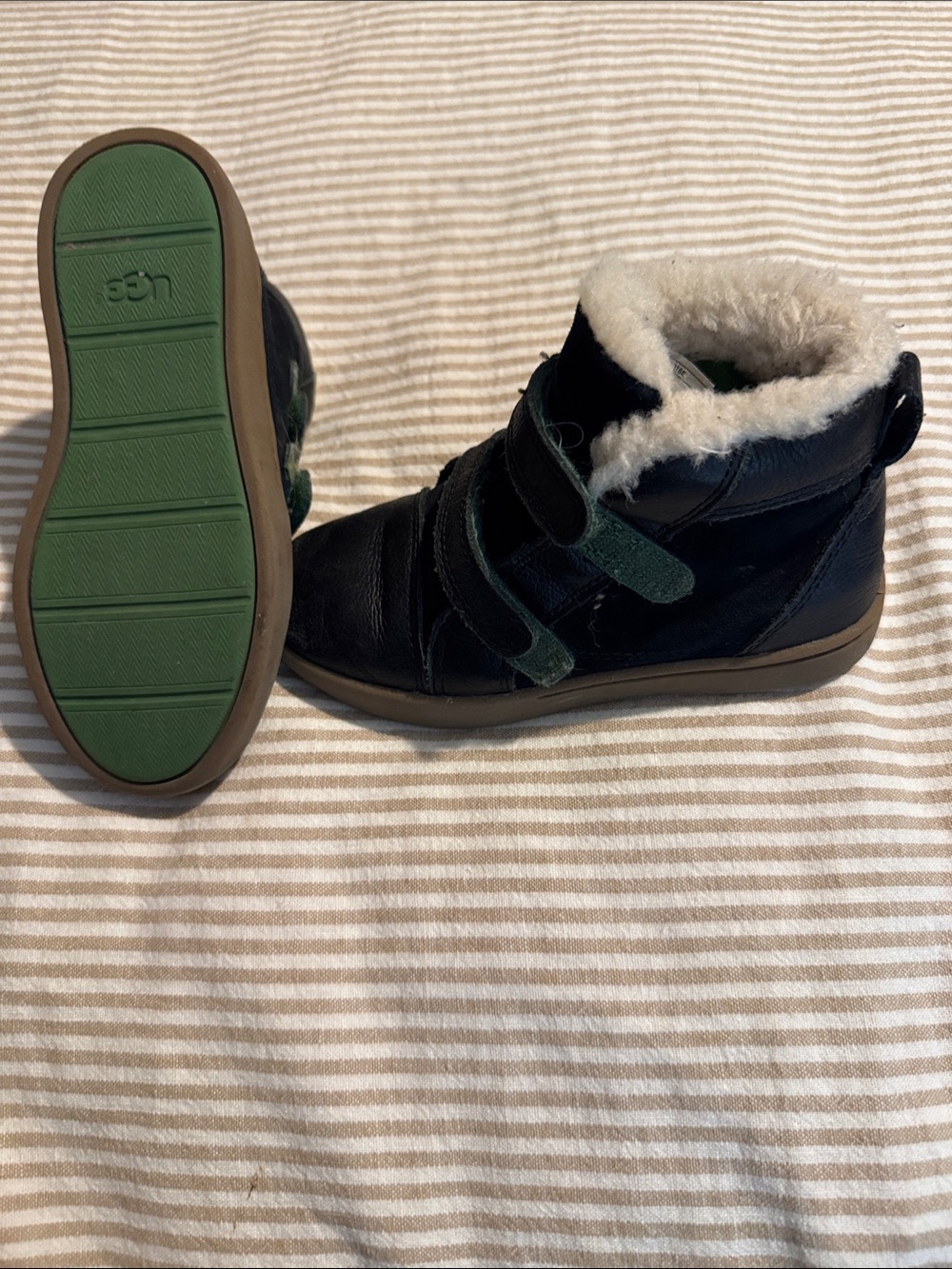 UGG Kids Black Leather Boots with Green Soles and Shearling Collar